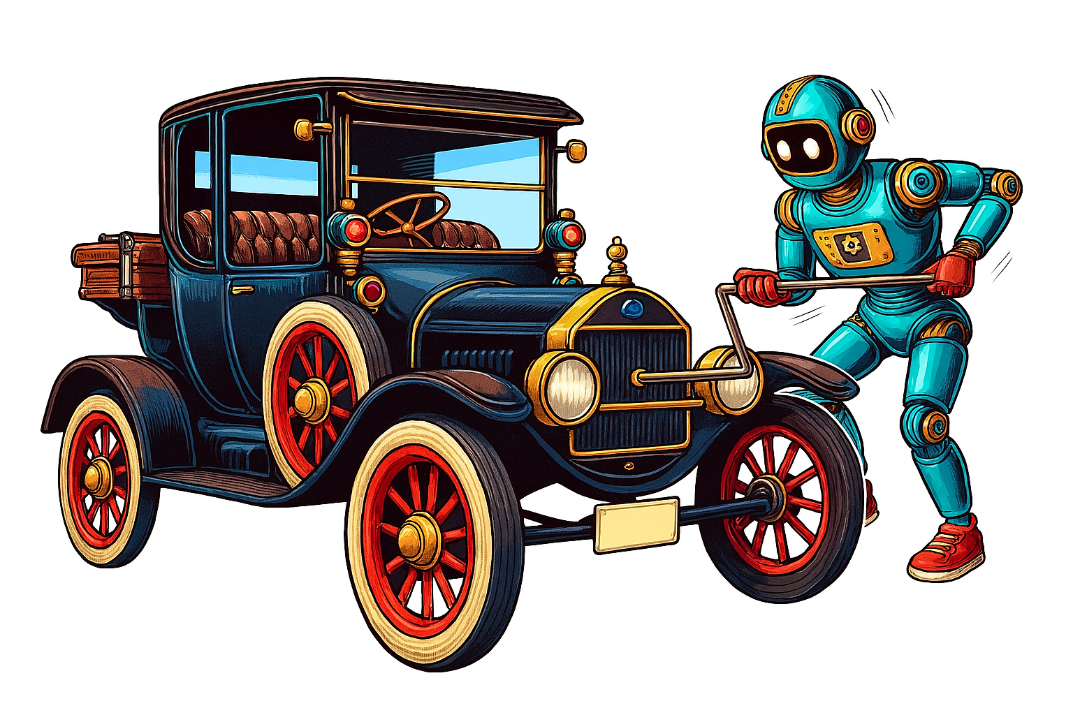 Robot cranking an old car